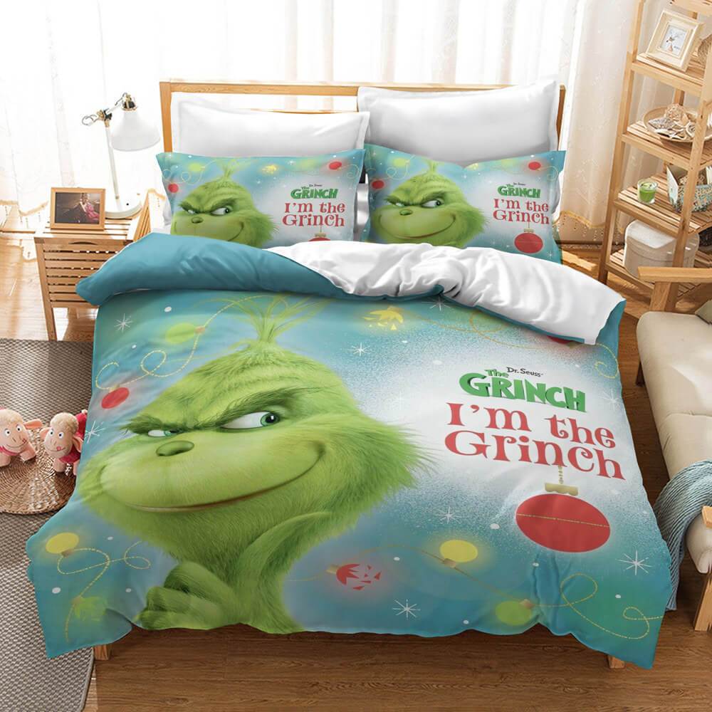 Set Copripiumino Matrimoniale Grinch Natale Nero 3D, 135x200 Cm Con 1 Federa - Microfibra, Con Cerniera E Nastri Angolari